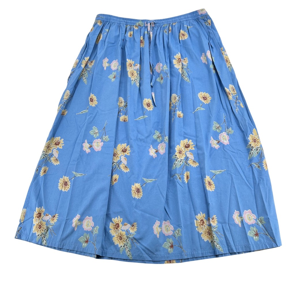 Vintage Orvis Floral Sunflower Midi Skirt Womens 14 Blue Cotton Cottagecore Boho